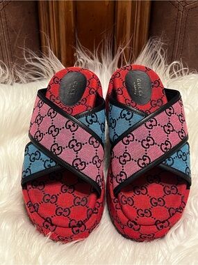Gucci Angelina GG Logo Multicolor canvas Slides Sandals EU 38.5 US 8.5-9